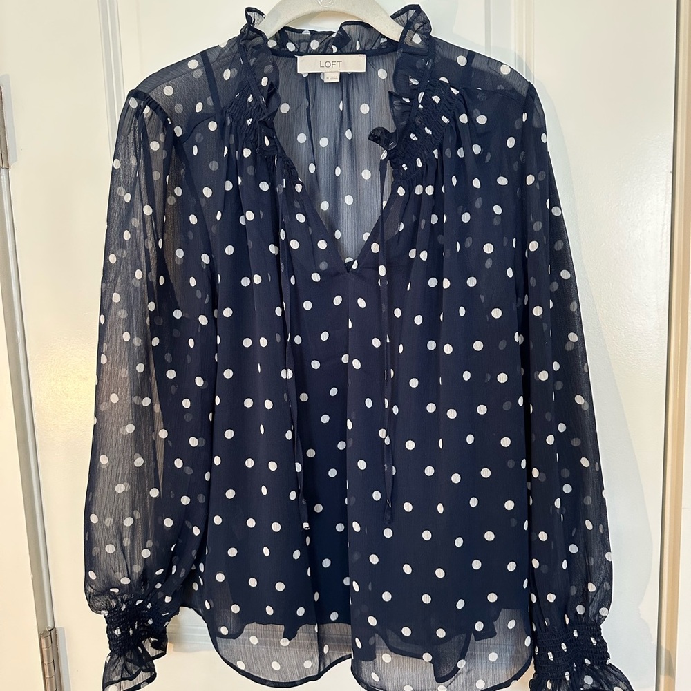 LOFT Blue Tie Front Blouse with Long Sleeves, sheer with camisole